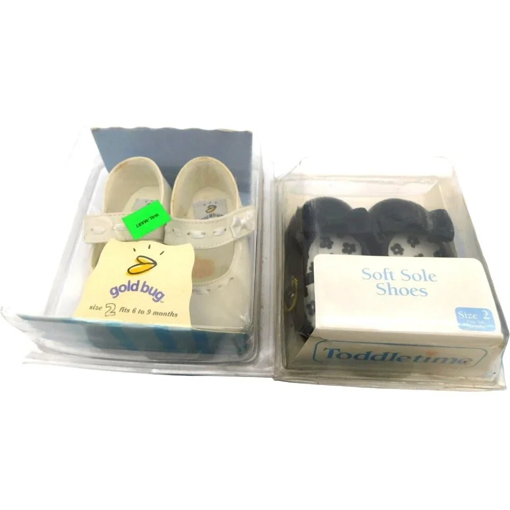 Large Lot Infant Girl 0 1 2 Soft Sole Crib Shoes Vintage Toddle Time Gold Bug